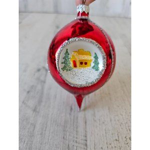 Radko country scene 1992 vintage ornament indent house red sparkle glitter teard